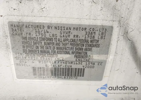 2017 Nissan Versa 1.6 S z USA, uszkodzony, nr VIN 3N1CN7AP3HL833070